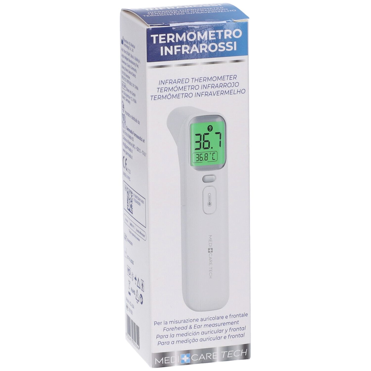 Termometro a infrarossi in confezione. Dispositivo bianco con display verde. Testo: Termometro Infrarossi, Med Care Tech.