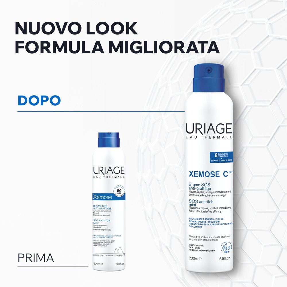 Confronto prima-dopo. Sinistra: Xémose Spray. Destra: Xémose Spray. Nuovo look, formula migliorata.