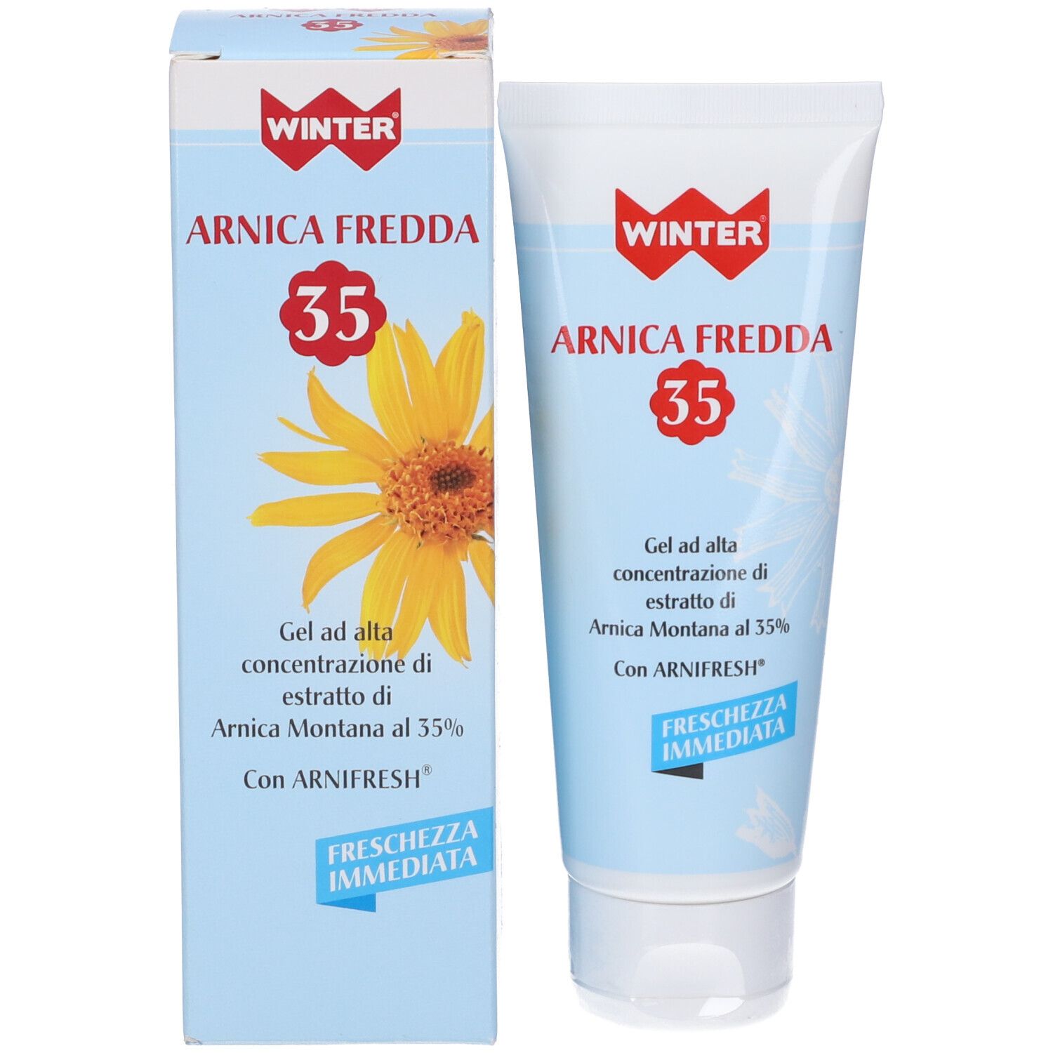 Confezione del prodotto con tubo e scatola. Scritta: WINTER, ARNICA FREDDA 35. Fiore giallo.