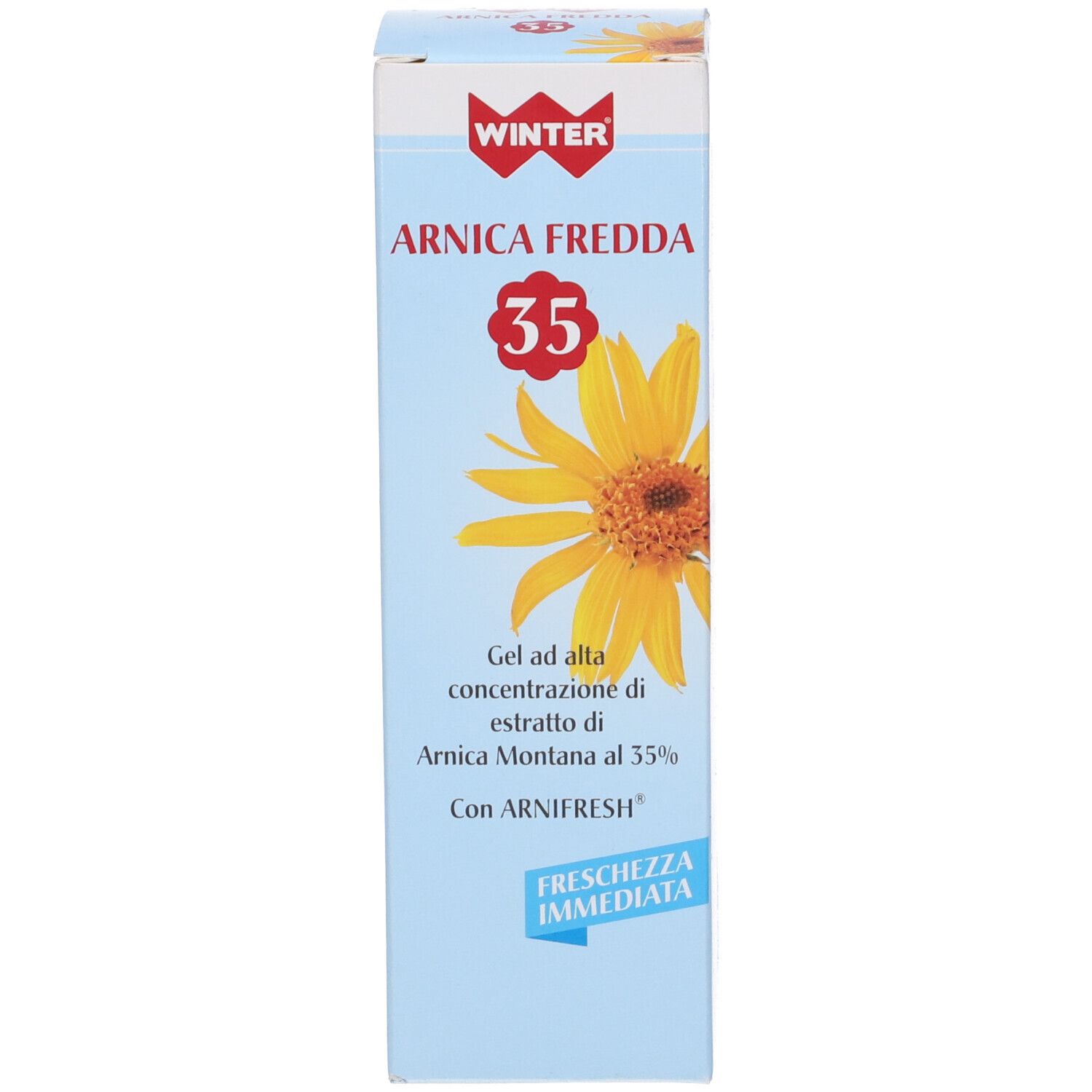 Scatola blu con fiore giallo. Scritta: WINTER, ARNICA FREDDA 35. Testo in italiano.
