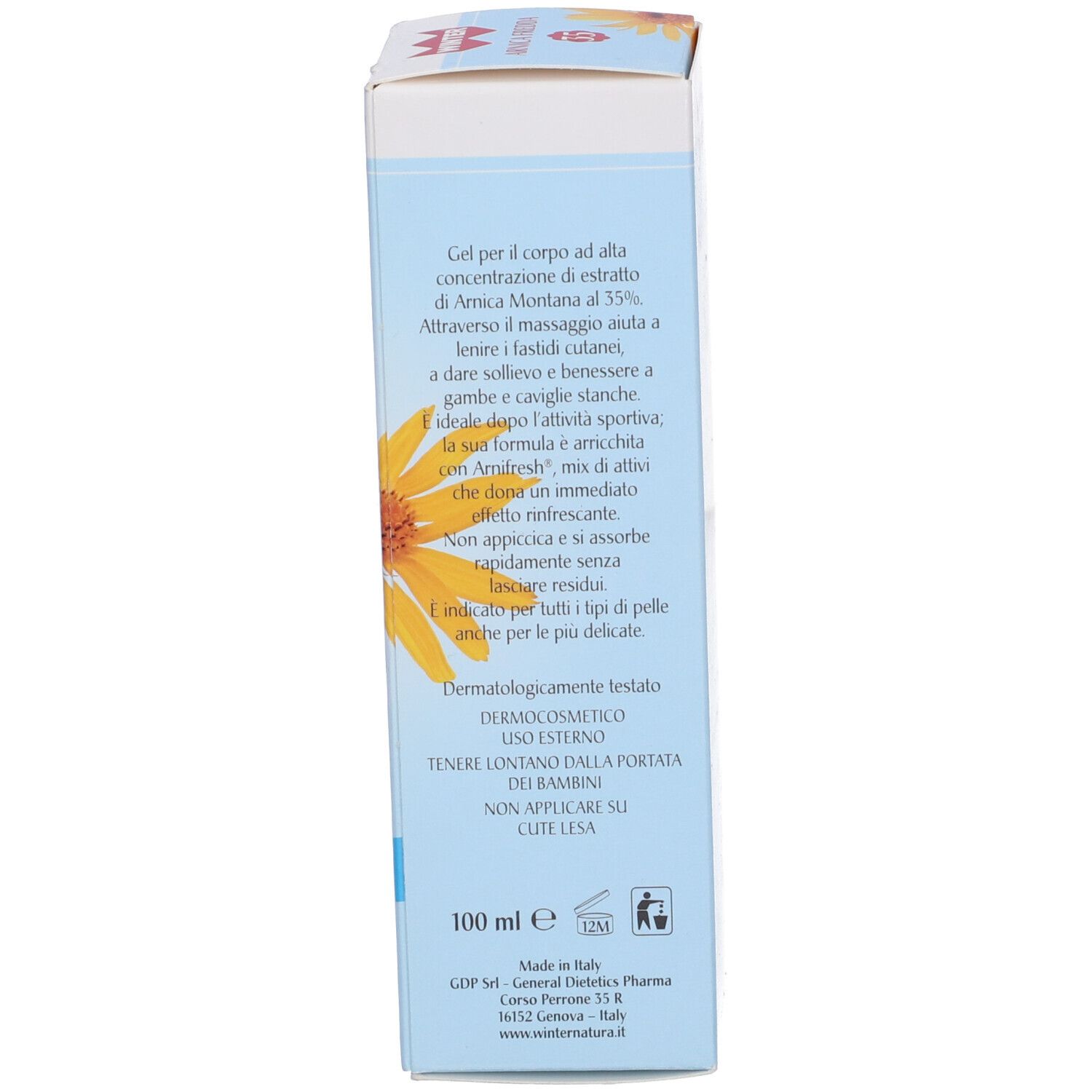 Retro della scatola. Testo in italiano. Informazioni sugli ingredienti e il produttore.