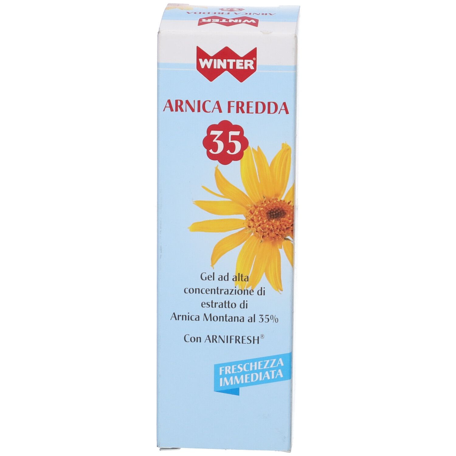 Scatola blu con fiore giallo. Scritta: WINTER, ARNICA FREDDA 35. Testo in italiano.