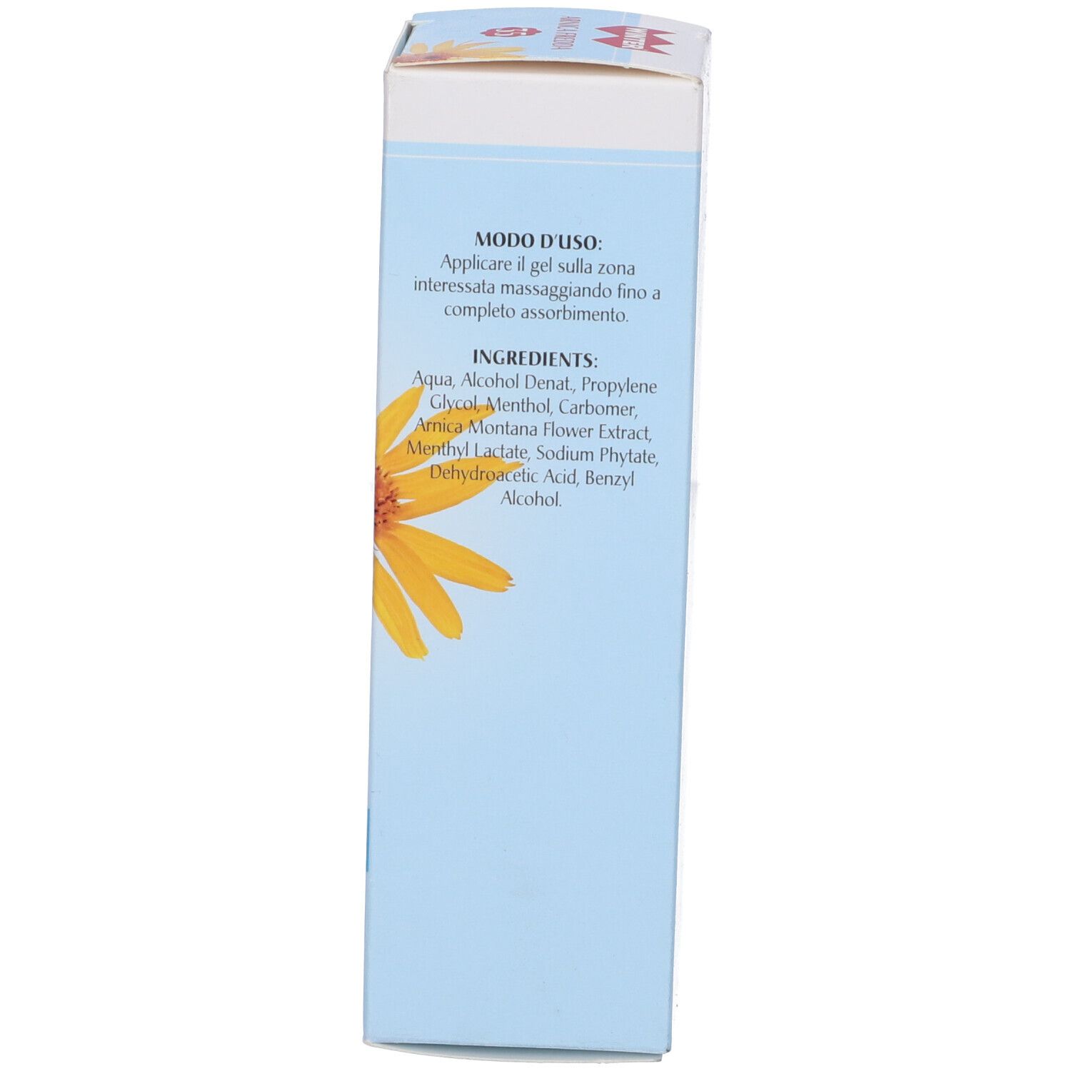 Lato della scatola. Testo in italiano. Informazioni sull'uso e gli ingredienti.