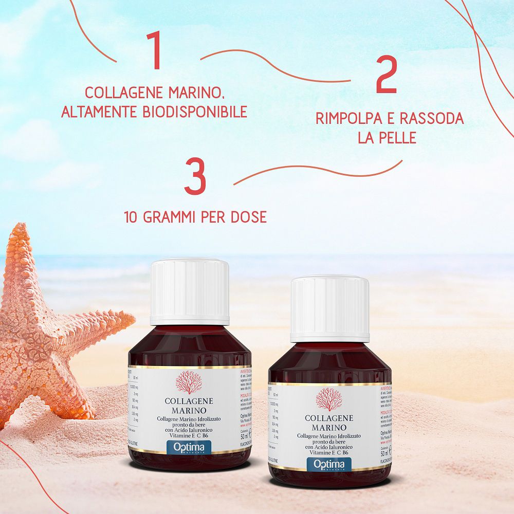 Due flaconcini di Collagene Marino Pro 10.000mg in spiaggia con una stella marina.