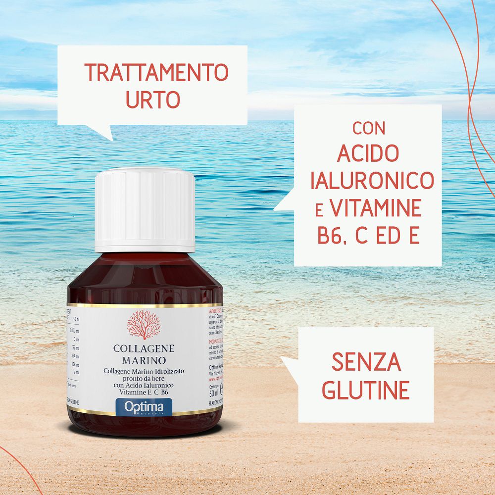 Un flaconcino di Collagene Marino Pro 10.000mg in spiaggia, con fumetti.