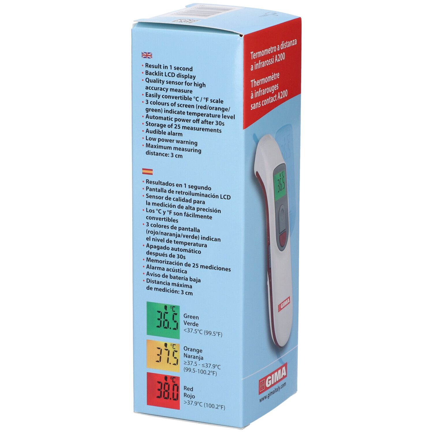 Retro della confezione del termometro. Testo multilingue. Codifica colore per l'indicazione della temperatura.