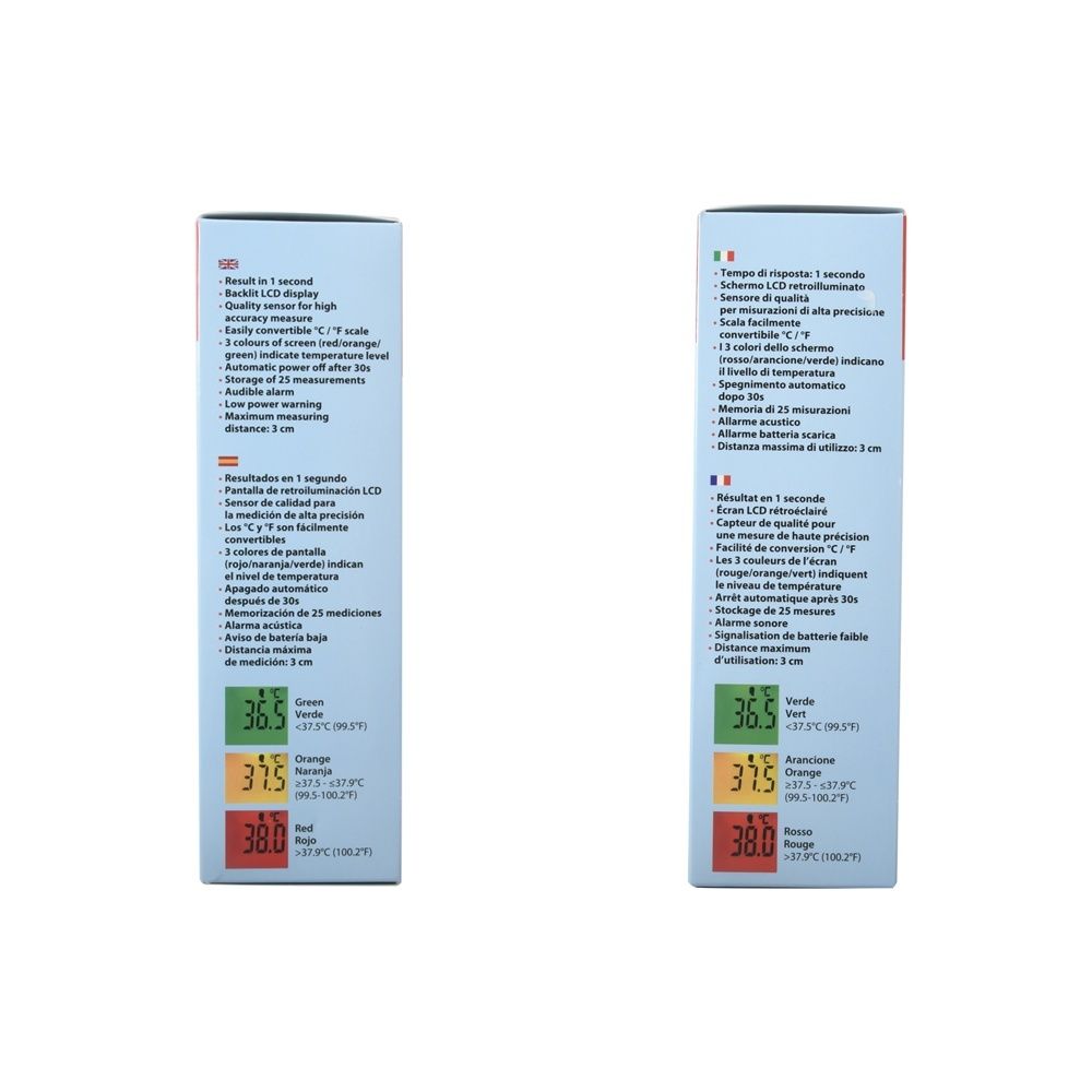 Retro della confezione del termometro. Testo: Risultati in 1 secondo, 3 colori, spegnimento automatico.