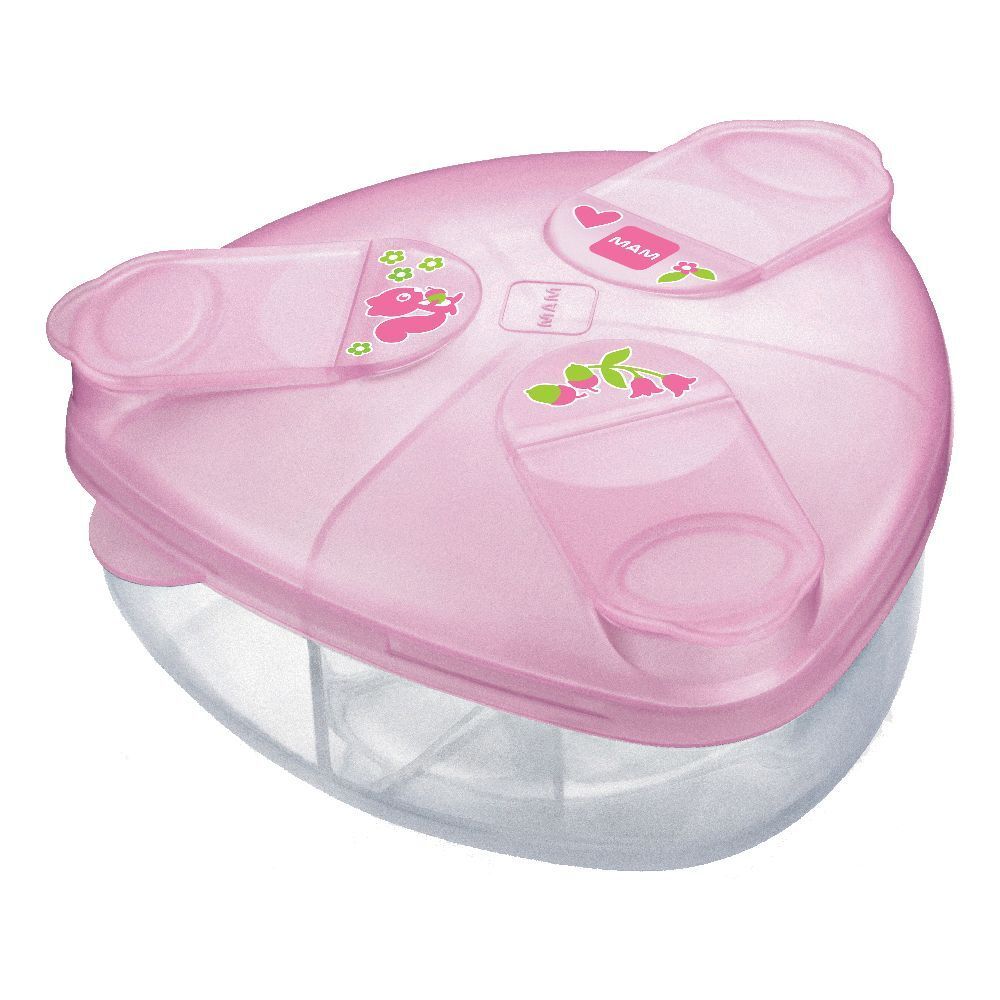 Contenitore rosa triangolare per latte in polvere con tre scomparti e coperchi. Logo MAM.