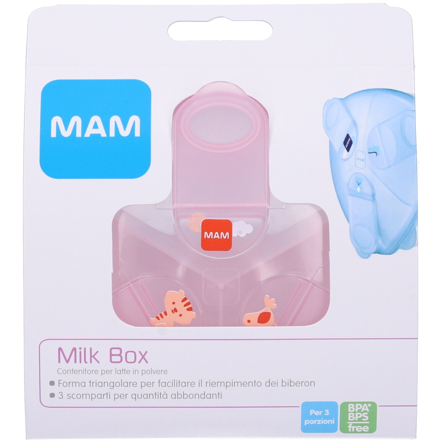 Confezione con Milk Box rosa. Logo MAM e nome prodotto 'Milk Box' visibili.