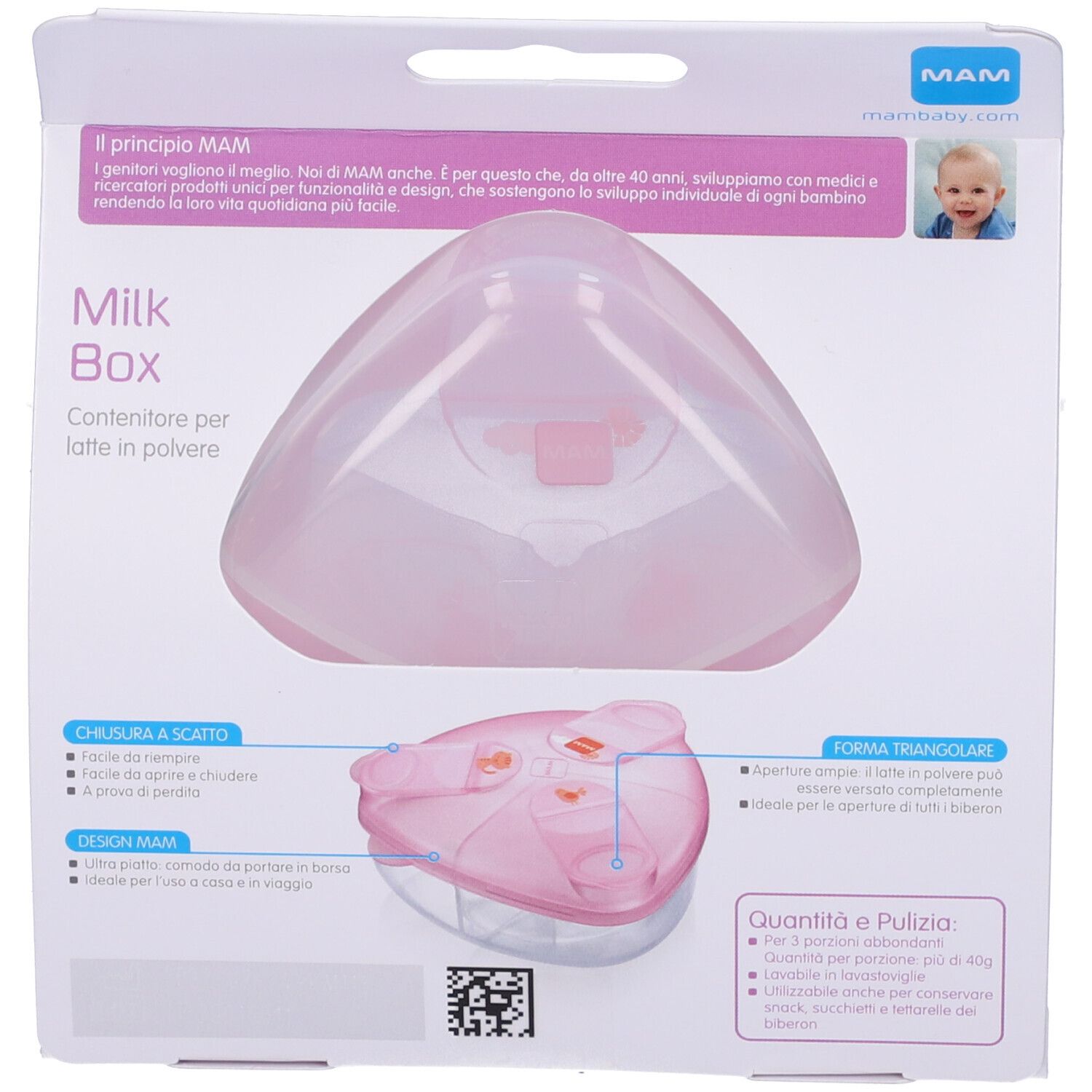 Retro della confezione. Milk Box rosa con coperchio aperto. Logo MAM e nome prodotto 'Milk Box'.