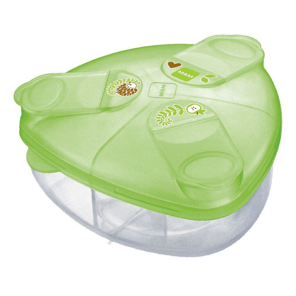 Contenitore verde a tre scomparti con base trasparente. Coperchio con logo MAM ed elementi decorativi. Forma arrotondata.