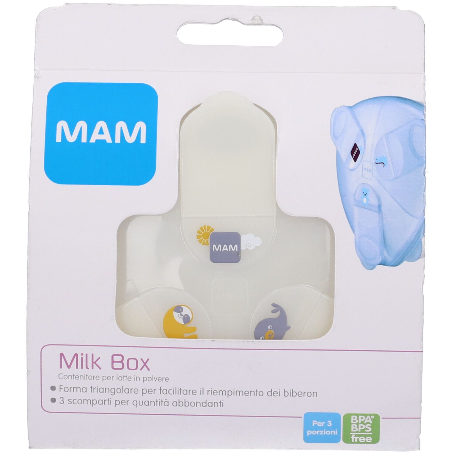 Confezione Milk Box. Confezione blu con logo MAM. Forma triangolare. Contiene tre porzioni. Senza BPA.