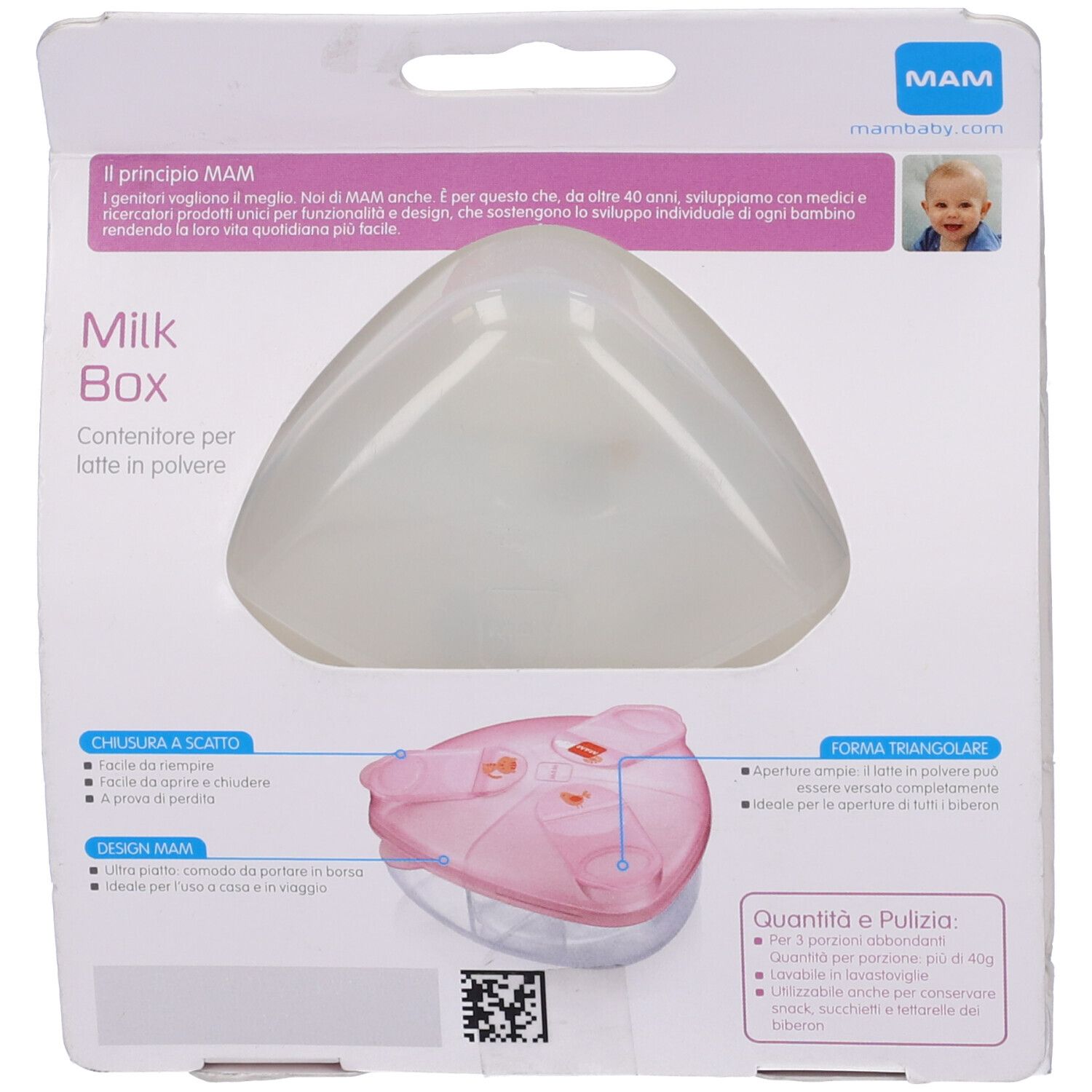 Retro della confezione. Milk Box in rosa. Forma triangolare. Logo MAM in alto. Testo in italiano.