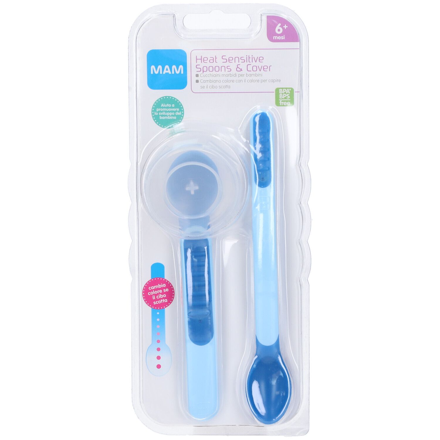 Confezione con due cucchiai blu per bambini e coperchio. Nome prodotto: Heat Sensitive Spoons & Cover. Logo MAM.