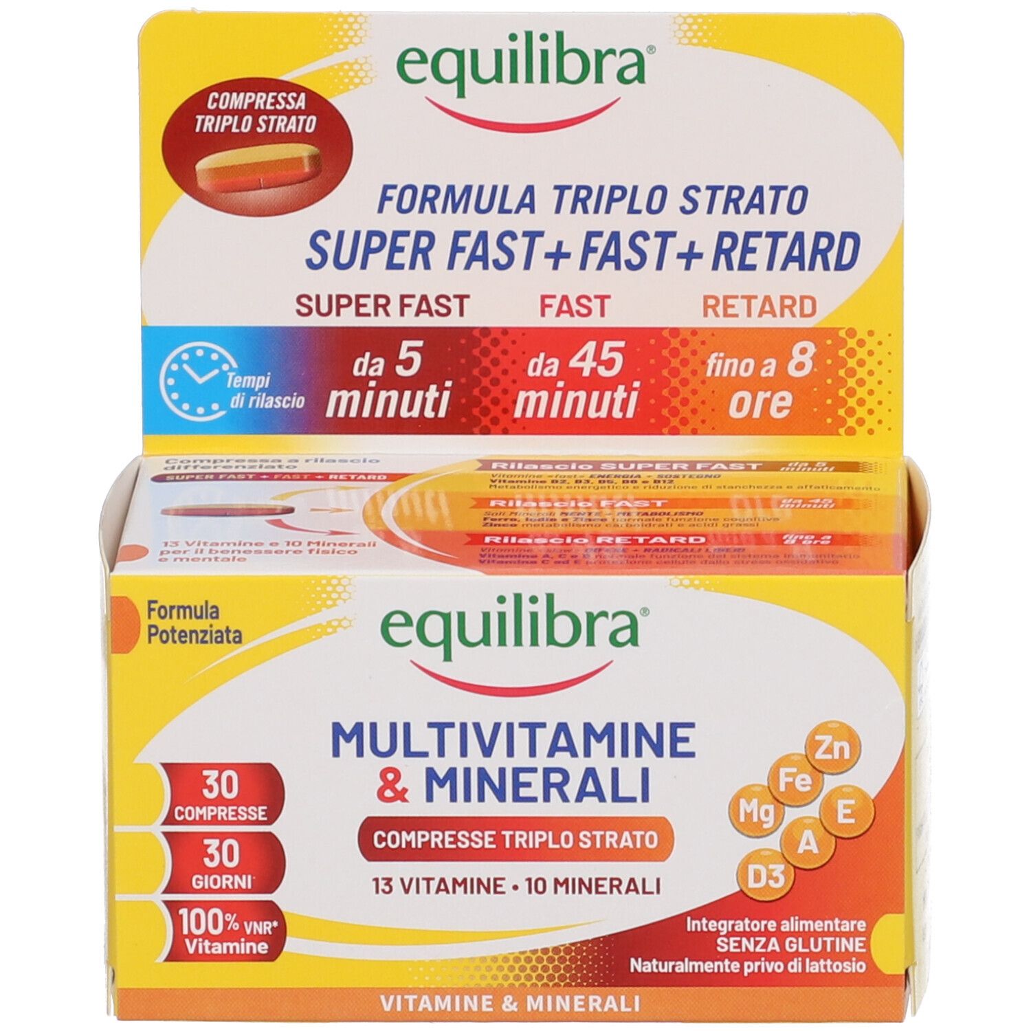 Confezione del prodotto con scatola. Contiene compresse. Marchio Equilibra. Formula triplo strato. Indicazioni di tempo.