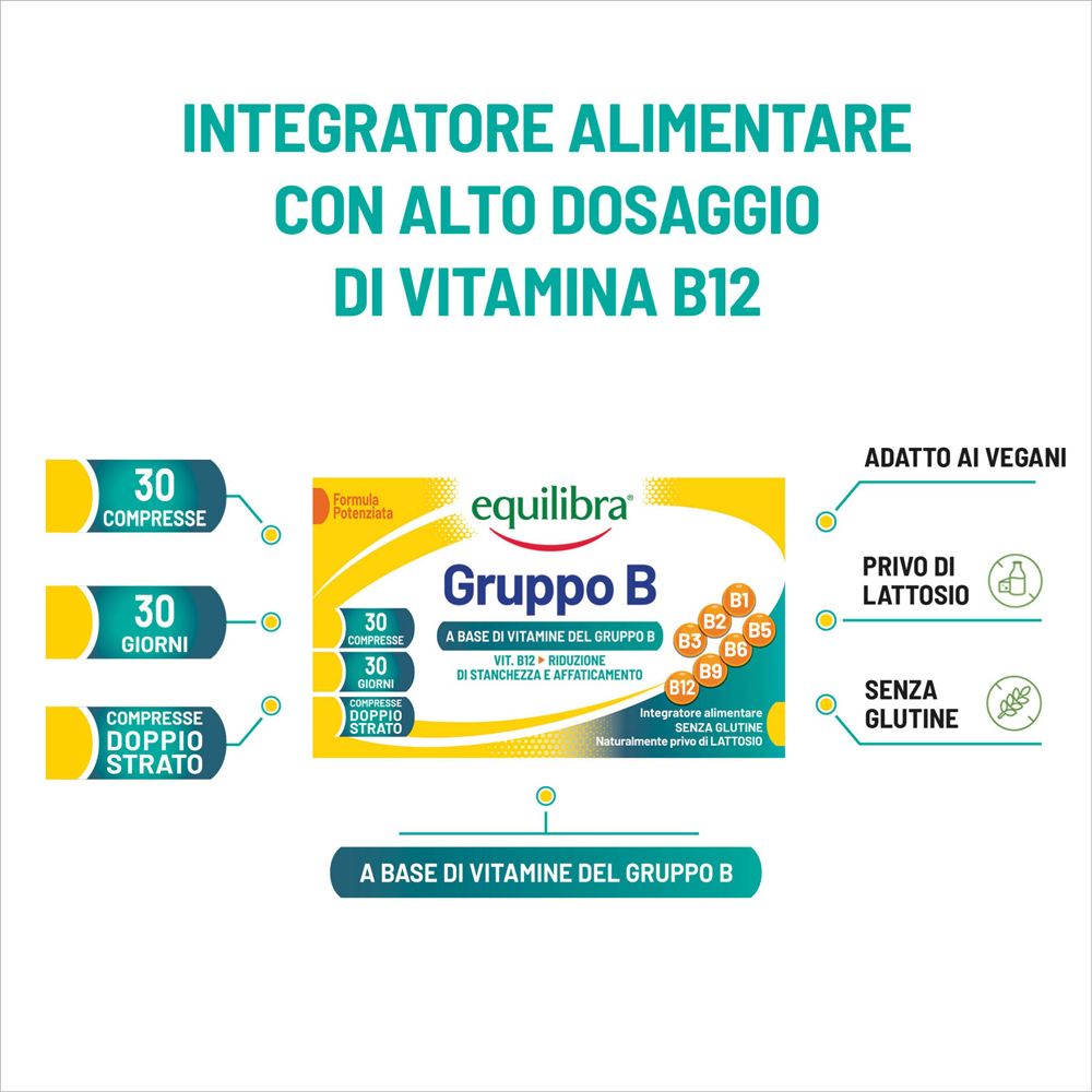 Equilibra Gruppo B integratore alimentare con Vitamina B12, Vitamine B, Acido folico. 30 compresse, 30 giorni.