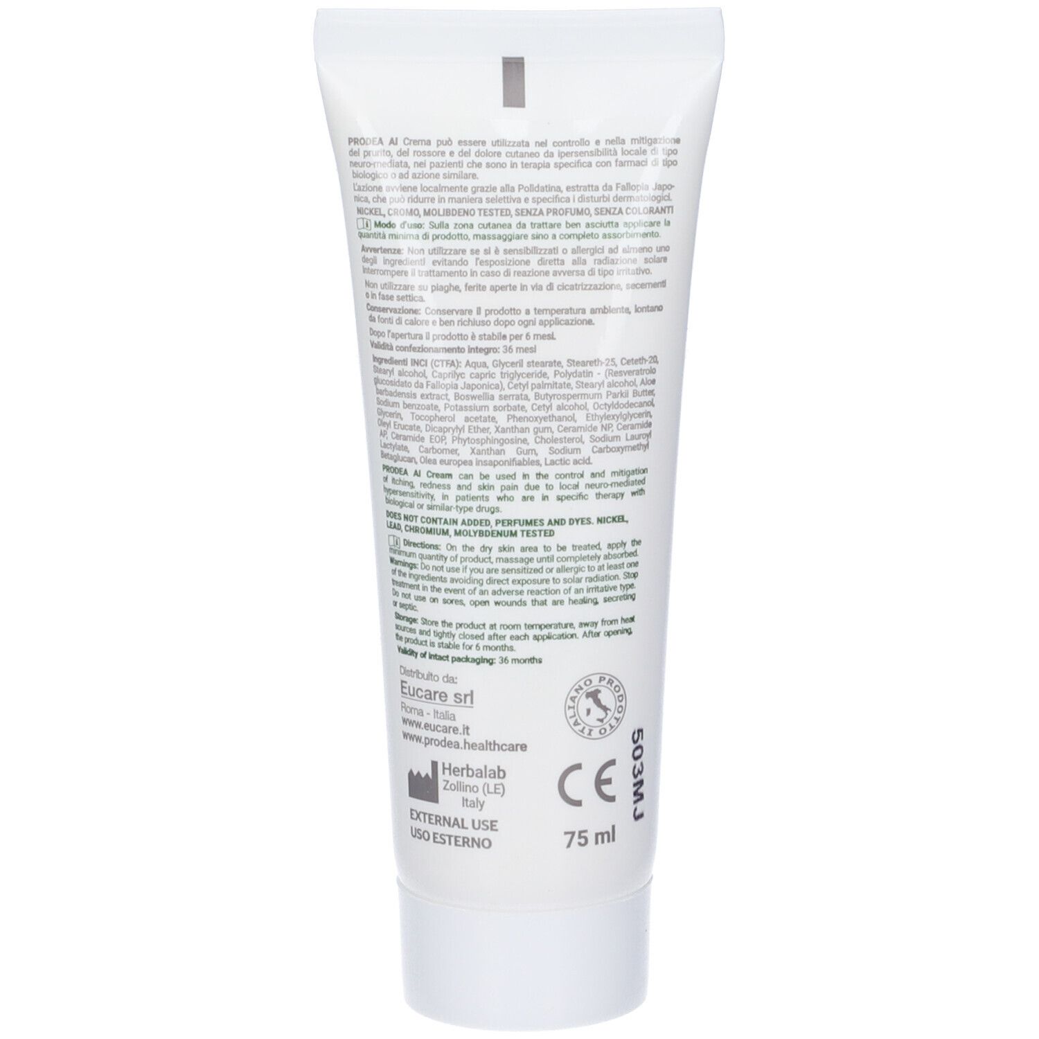 Retro del tubo bianco. Testo e ingredienti in più lingue. Marchio CE e 75 ml.
