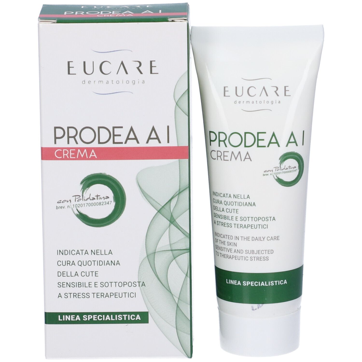 Prodotto e confezione. Tubo bianco e scatola con stampa verde e rosa. Testo: PRODEA AI CREMA, EUCARE Dermatologia.