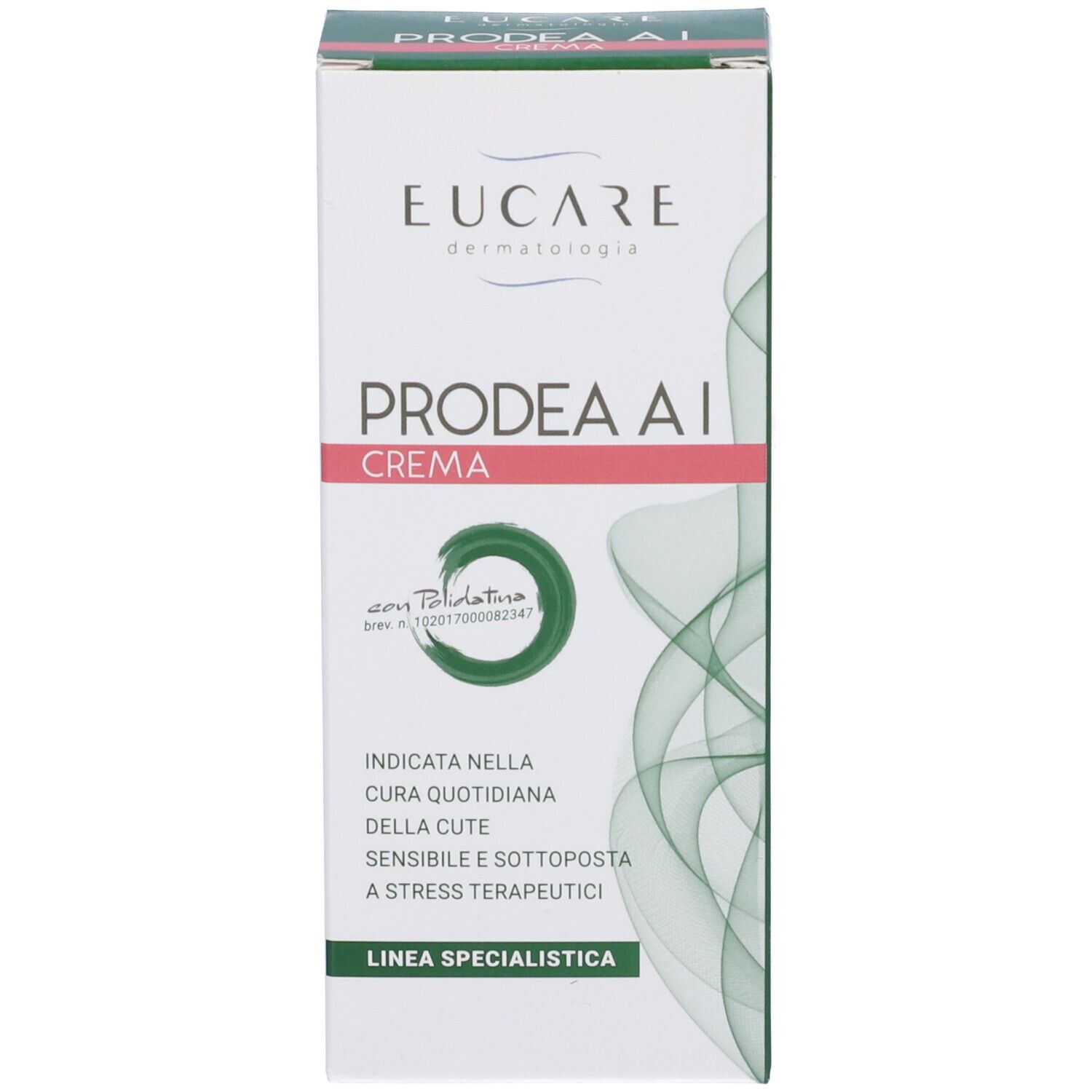 Scatola bianca con stampa verde e rosa. Testo: PRODEA AI CREMA, EUCARE Dermatologia. Con logo Palmitoylation.