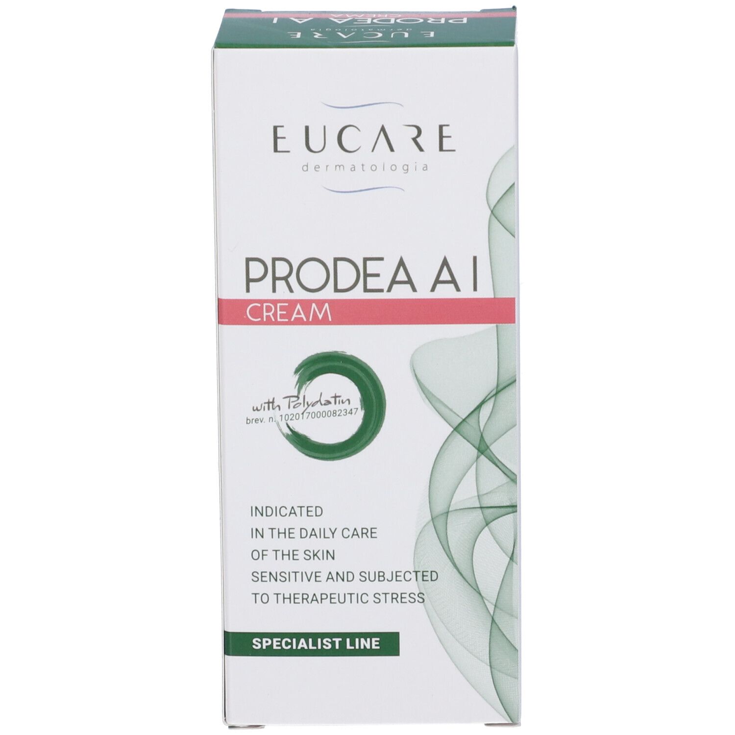 Scatola bianca con stampa verde e rosa. Testo: PRODEA AI CREMA, EUCARE Dermatologia. Con logo Palmitoylation.