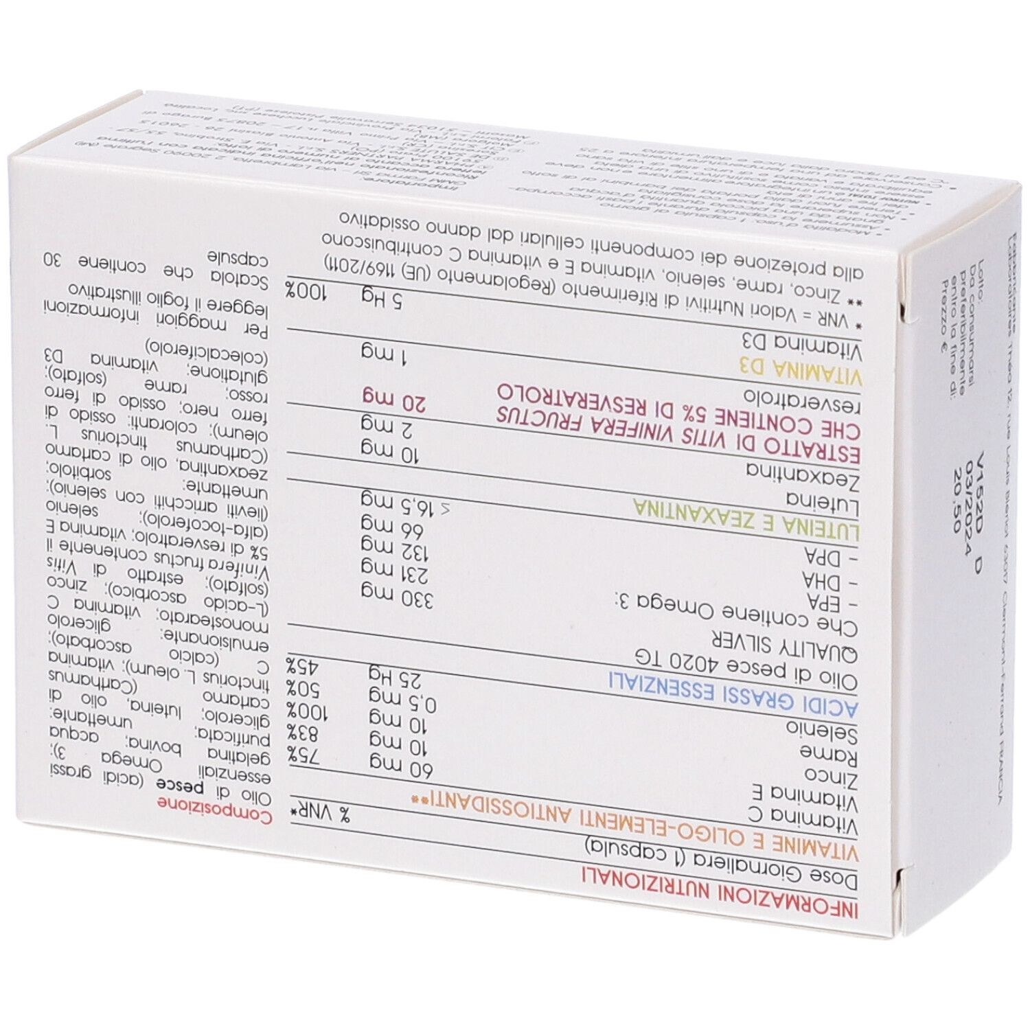 Scatola bianca NUTROF TOTAL. Contiene 30 capsule. Contiene vitamine, Omega 3, luteina, resveratrolo e vitamina D3. Informazioni nutrizionali.