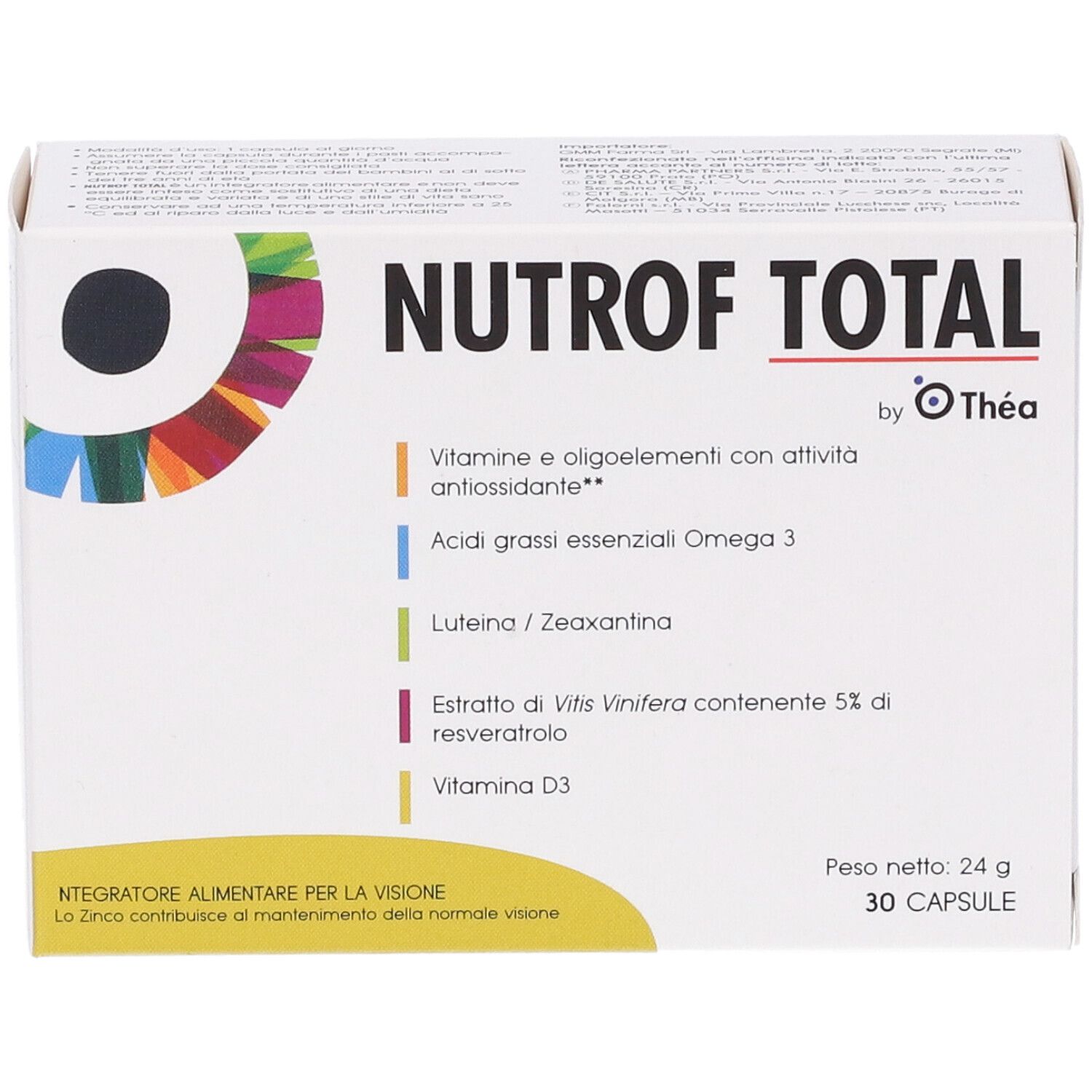 Scatola bianca NUTROF TOTAL. Contiene 30 capsule. Contiene vitamine, Omega 3, luteina, resveratrolo e vitamina D3.