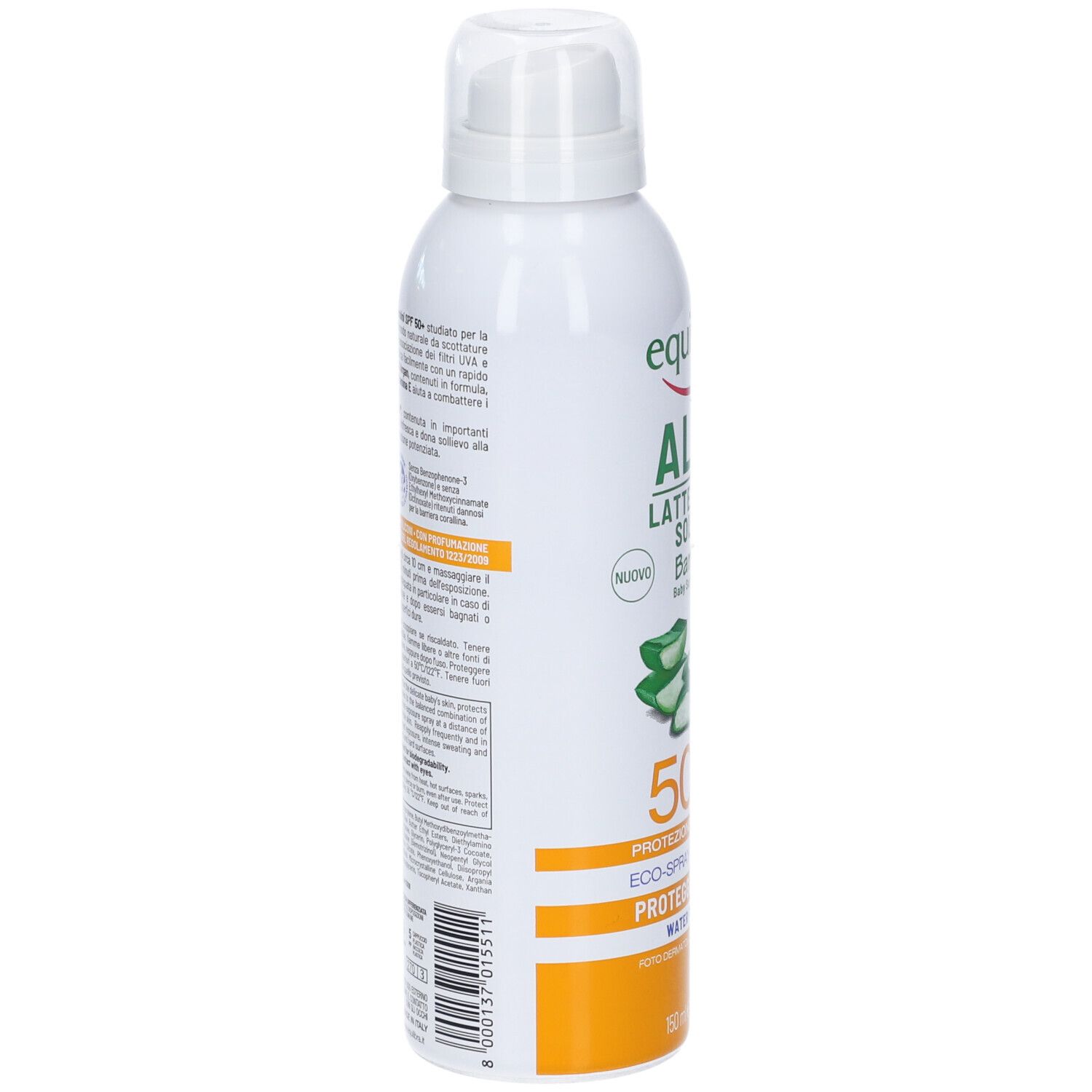 Flacone spray bianco, vista laterale con testo. Striscia arancione in basso.