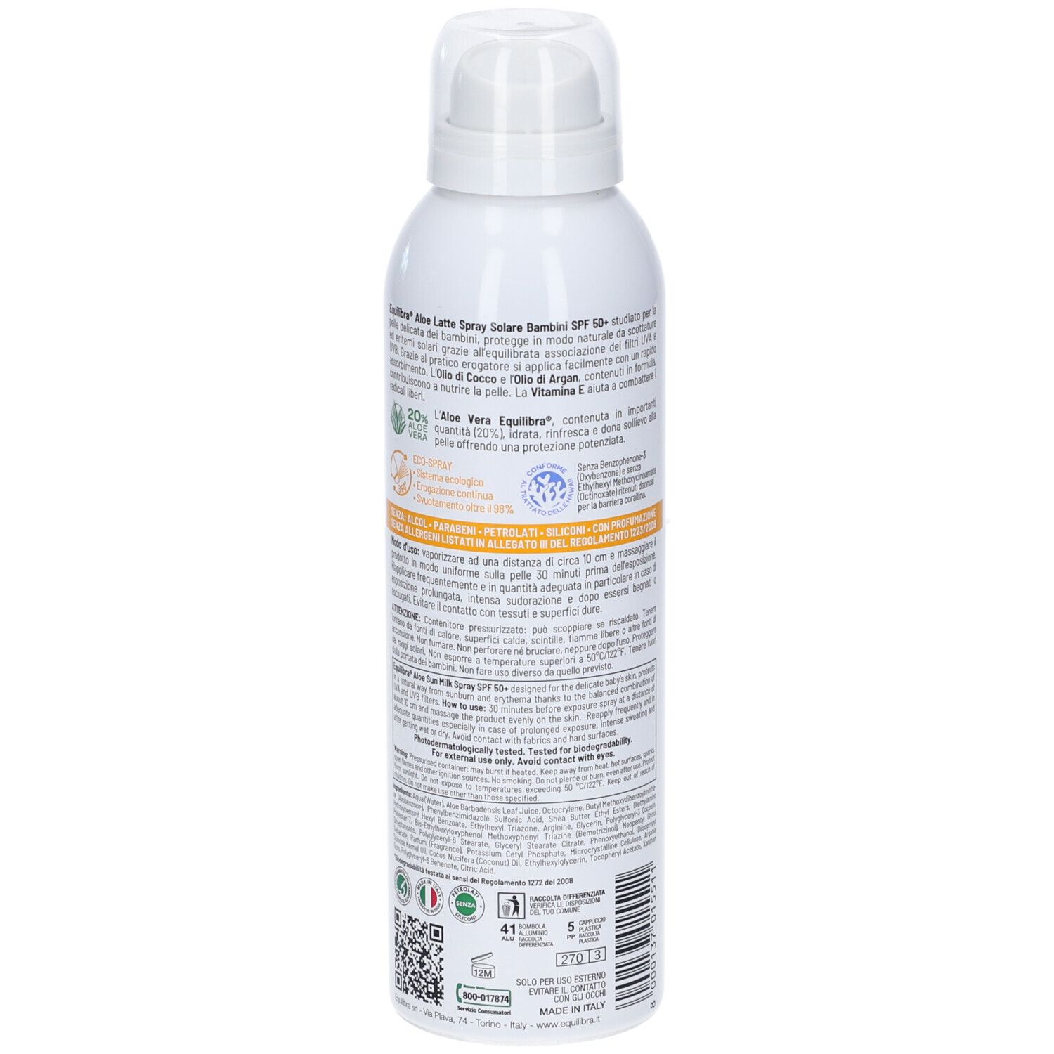 Retro del flacone spray bianco con testo e loghi. Striscia arancione.