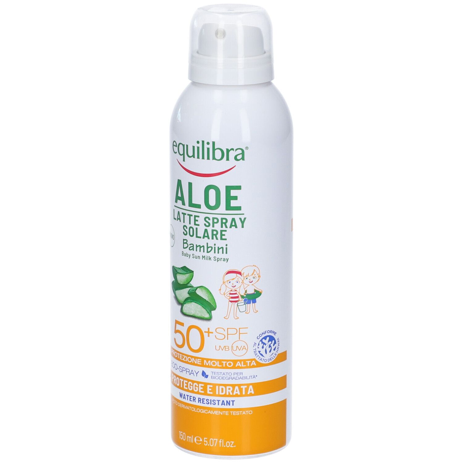Flacone spray bianco con nome del prodotto e illustrazioni di aloe vera. SPF 50+.