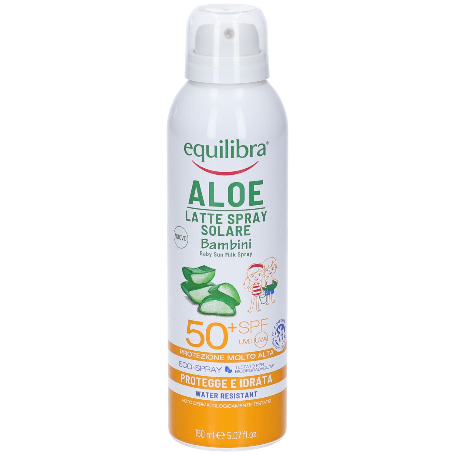 Flacone spray bianco con nome del prodotto e illustrazioni di aloe vera. SPF 50+.