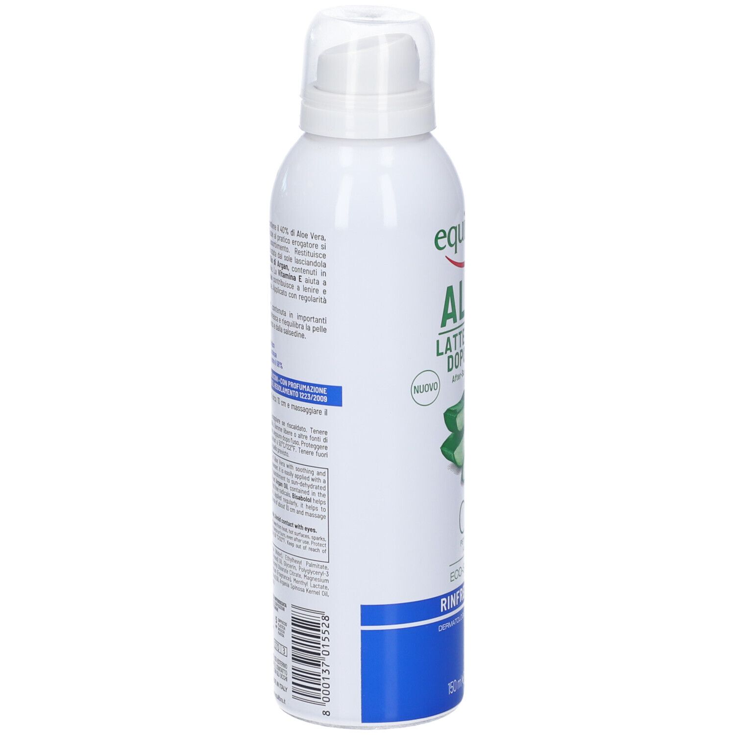 Flacone spray bianco e blu, vista laterale. Testo: Equilibra Aloe Latte Spray Doposole. Scritte con ingredienti e certificazioni.