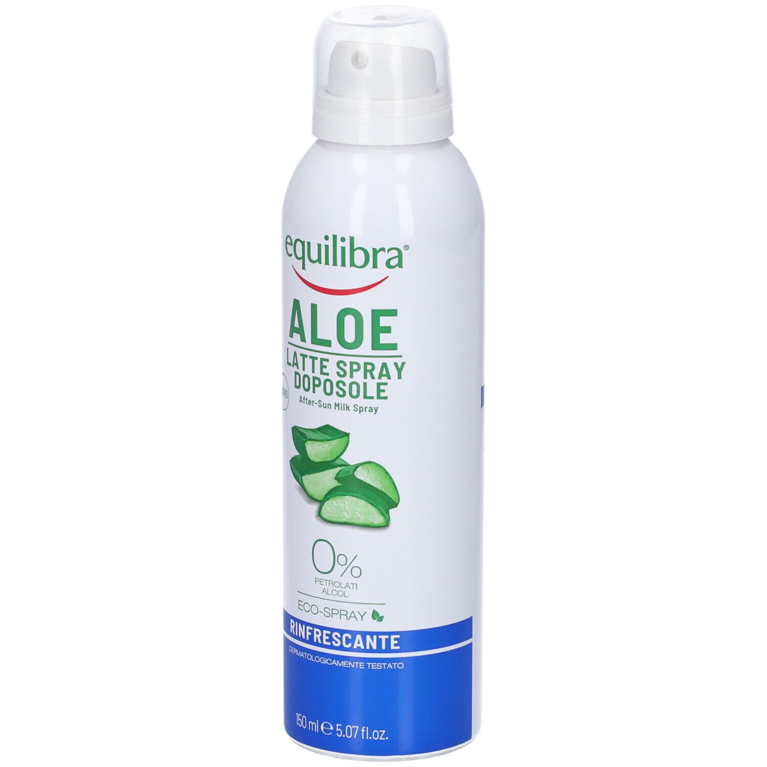 Flacone spray bianco e blu con nome del prodotto e illustrazione di aloe vera. Testo: Equilibra Aloe Latte Spray Doposole, 0% Petrolati, Eco-Spray.