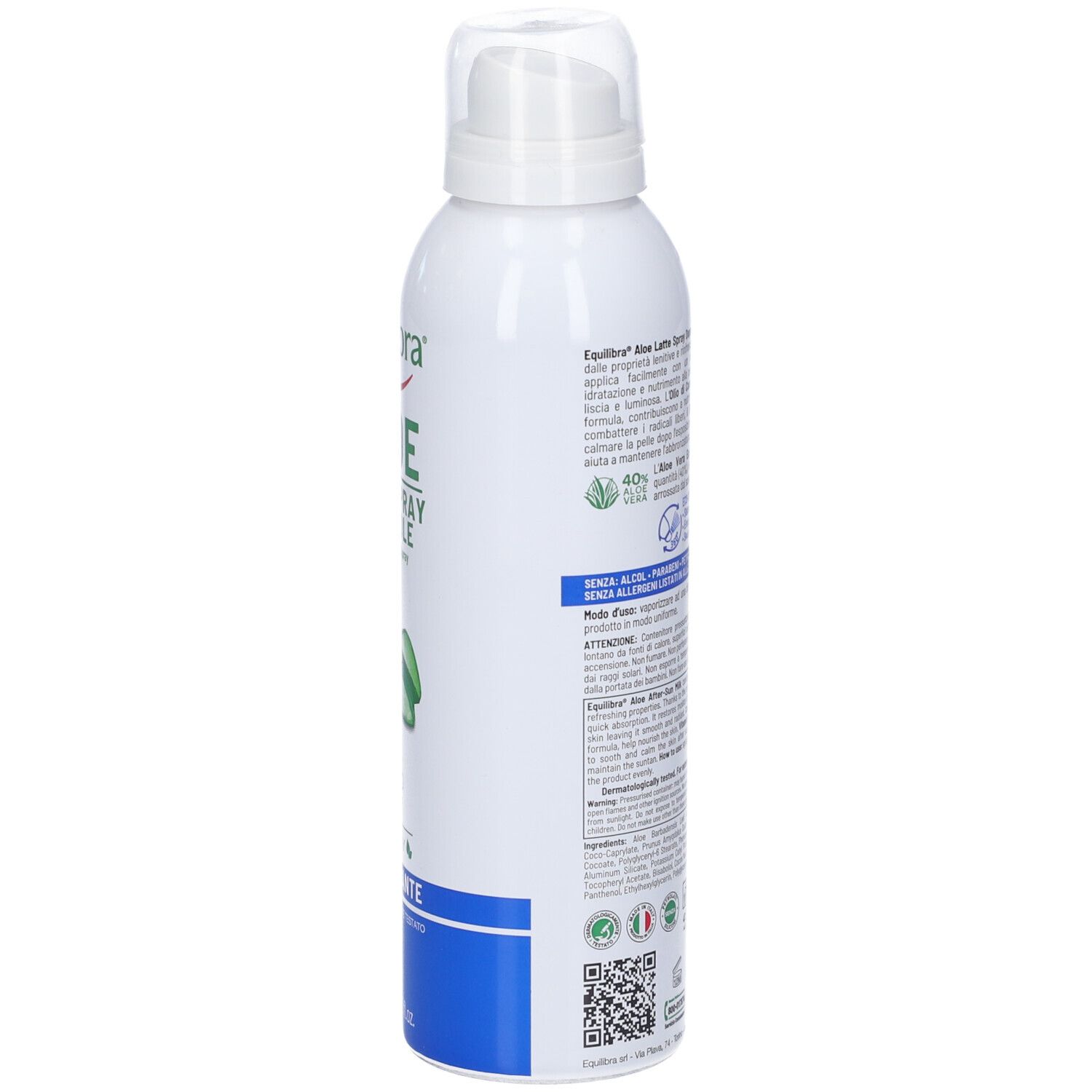 Flacone spray bianco e blu, vista laterale. Testo: Equilibra Aloe Latte Spray Doposole. Scritte con ingredienti e certificazioni.