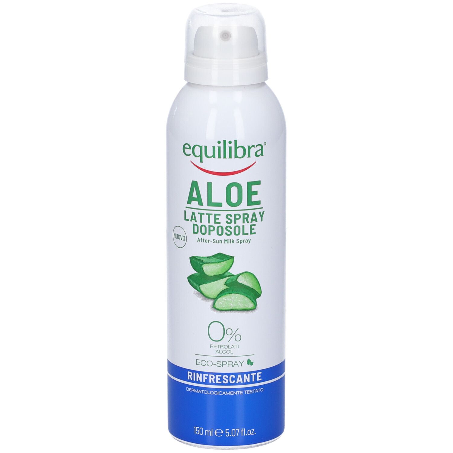 Flacone spray bianco e blu con nome del prodotto e illustrazione di aloe vera. Testo: Equilibra Aloe Latte Spray Doposole, 0% Petrolati, Eco-Spray.