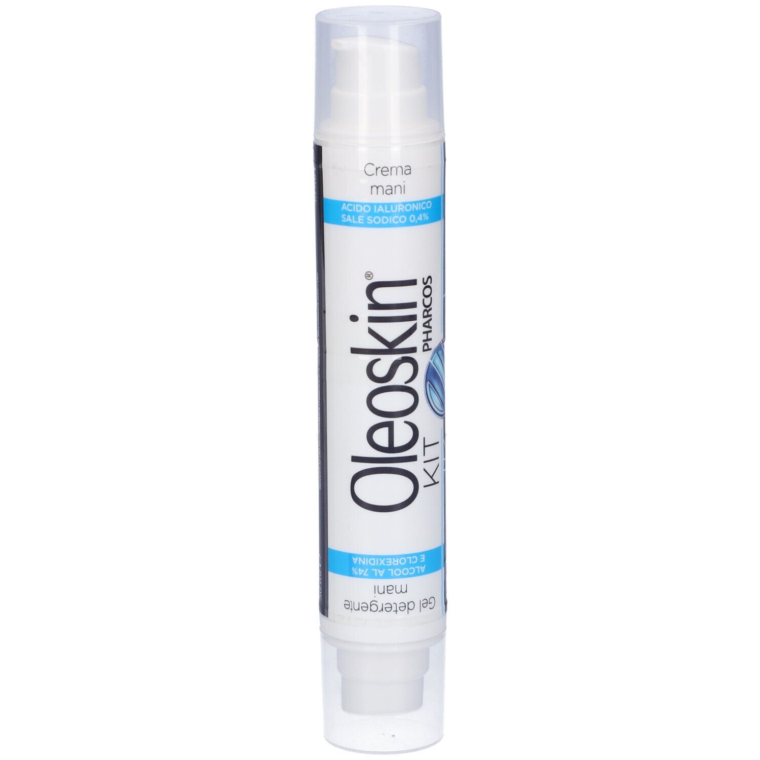 Tubo bianco Pharcos Oleoskin Kit. Etichetta blu e bianca. Contiene Gel Detergente e Crema Mani.