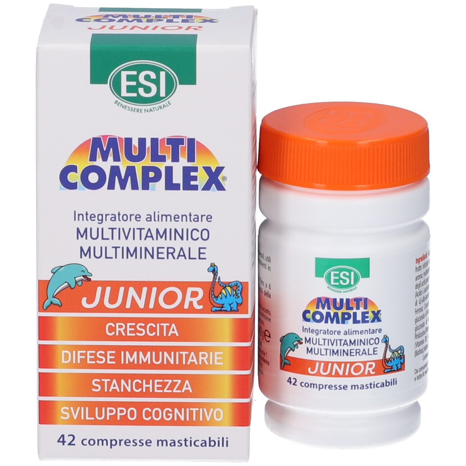 Confezione e flacone. Scritta: ESI Multi Complex Junior. 42 compresse masticabili.