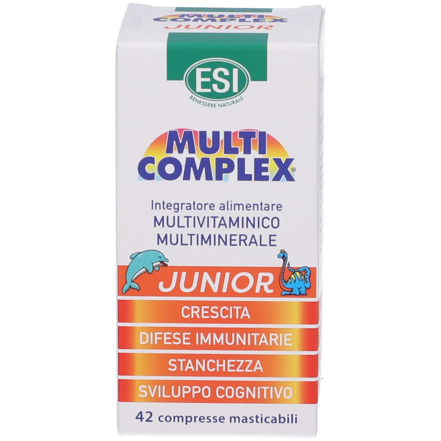 Confezione del prodotto. Scritta: ESI Multi Complex Junior. 42 compresse masticabili.