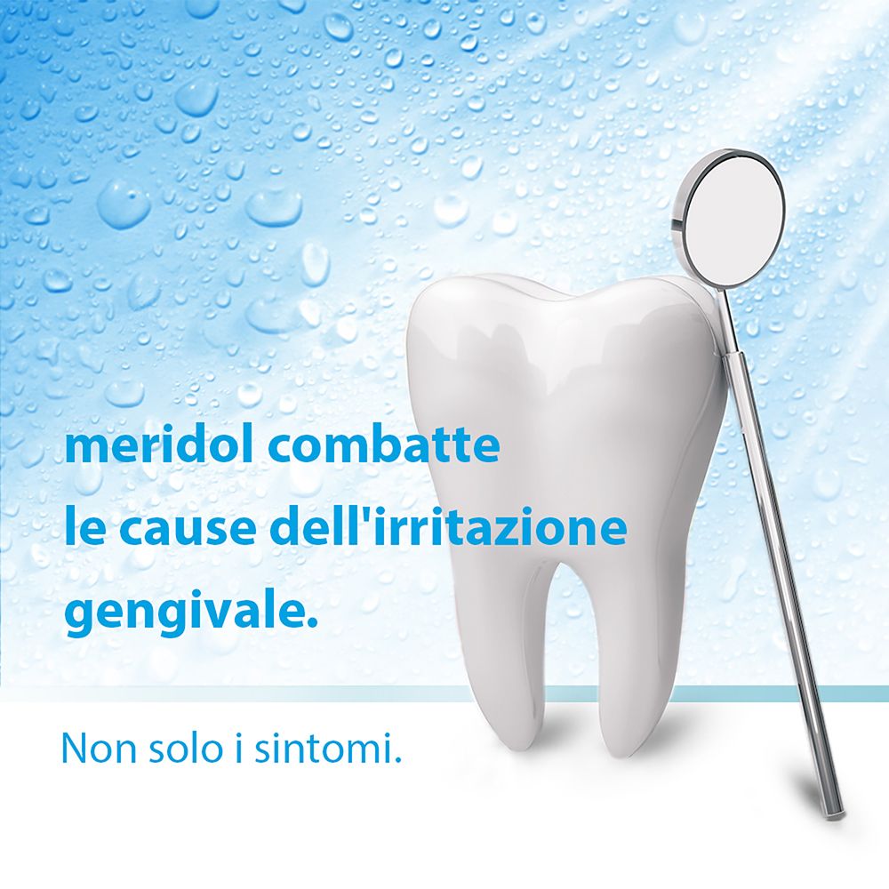 Modello di dente con specchio. Testo: meridol combatte le cause dell'irritazione gengivale. Non solo i sintomi.