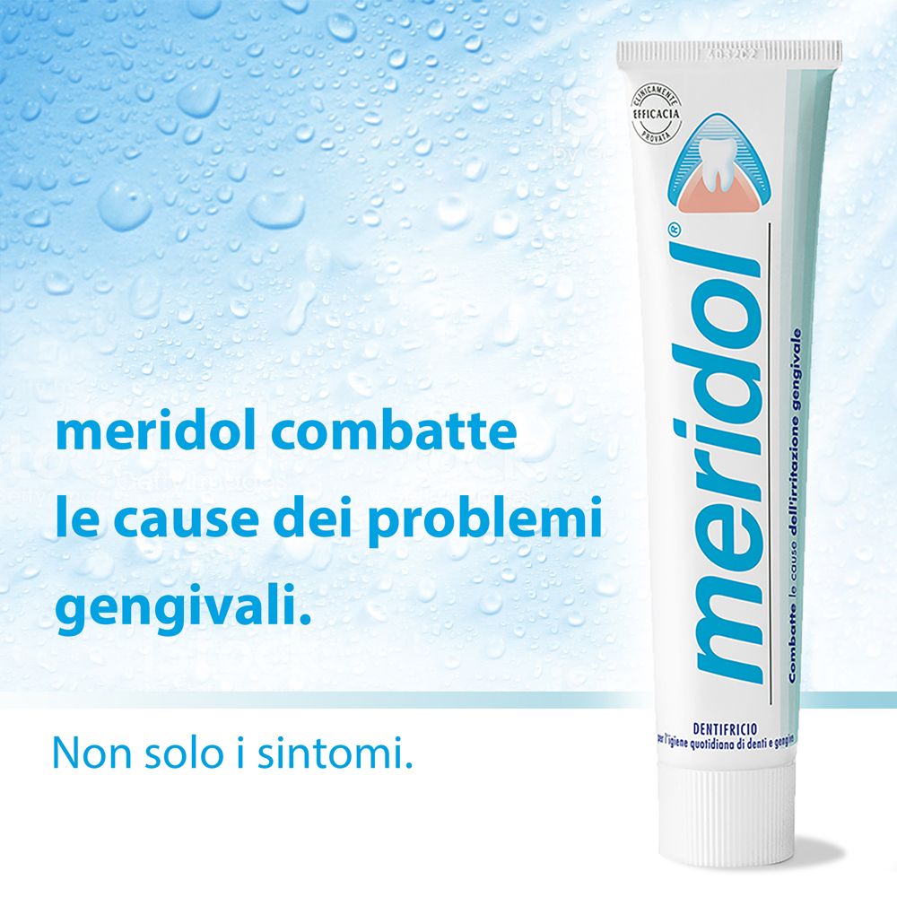 Tubo di dentifricio meridol. Testo: meridol combatte le cause dei problemi gengivali. Non solo i sintomi.