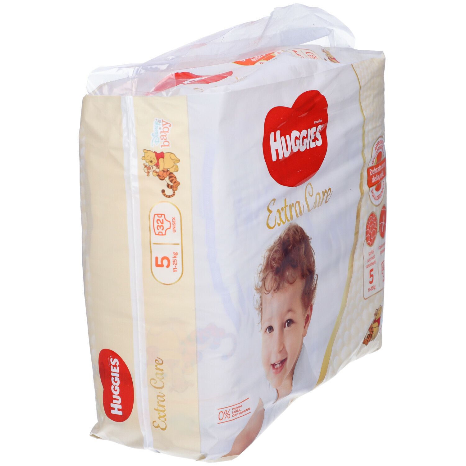Vista laterale della confezione di pannolini Huggies Extra Care. Logo, nome del prodotto e immagine del bambino. Taglia 5, 32 pezzi. Confezione con maniglia.