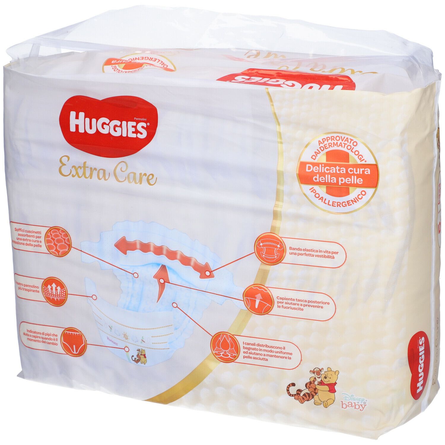 Confezione di pannolini Huggies Extra Care. Illustrazioni del prodotto con schemi. Logo, nome del prodotto e immagine del bambino. Dermatologicamente testato. Taglia 5, 32 pezzi.