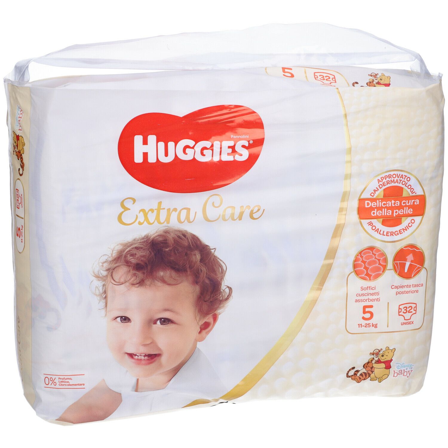 Confezione di pannolini Huggies Extra Care. Logo, nome del prodotto e immagine del bambino. Taglia 5, 11-25 kg, 32 pezzi. Dermatologicamente testato. Illustrazione di Winnie the Pooh.