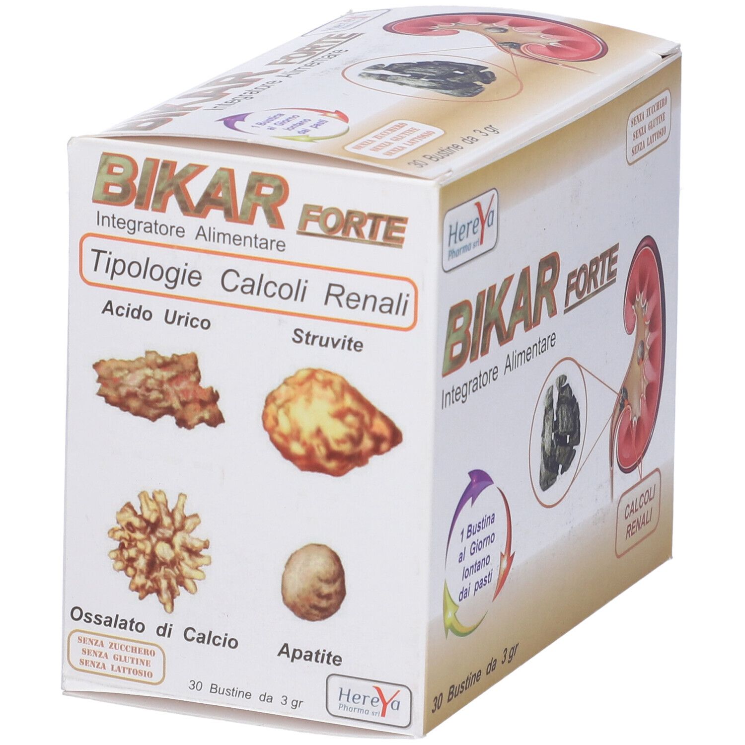 Scatola Bikar Forte. Illustrazione di calcoli renali. Testo: Acido Urico, Struvite, Ossalato di Calcio, Apatite.