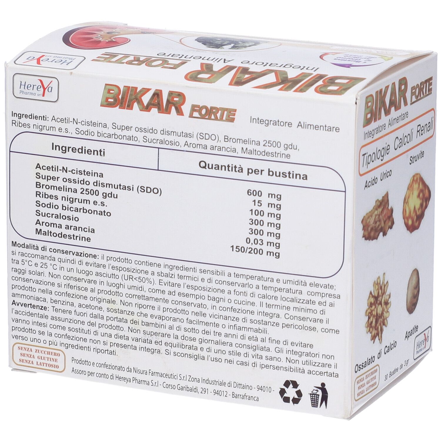 Scatola Bikar Forte. Elenco degli ingredienti e quantità per bustina. Testo: Acetil-N-cisteina, Super ossido dismutasi.