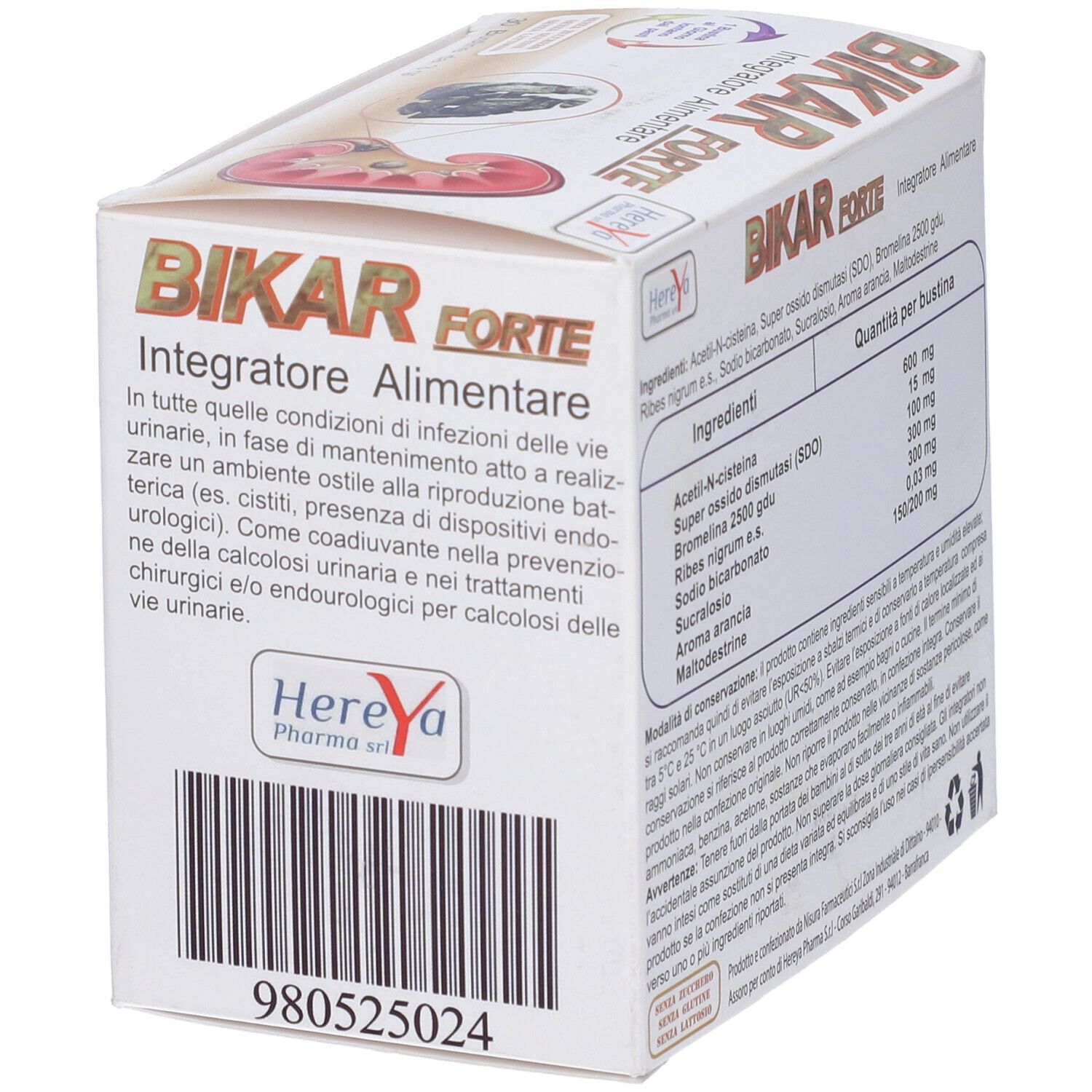 Scatola Bikar Forte. Retro con testo. Codice a barre e numero di lotto. Testo: Integratore Alimentare.