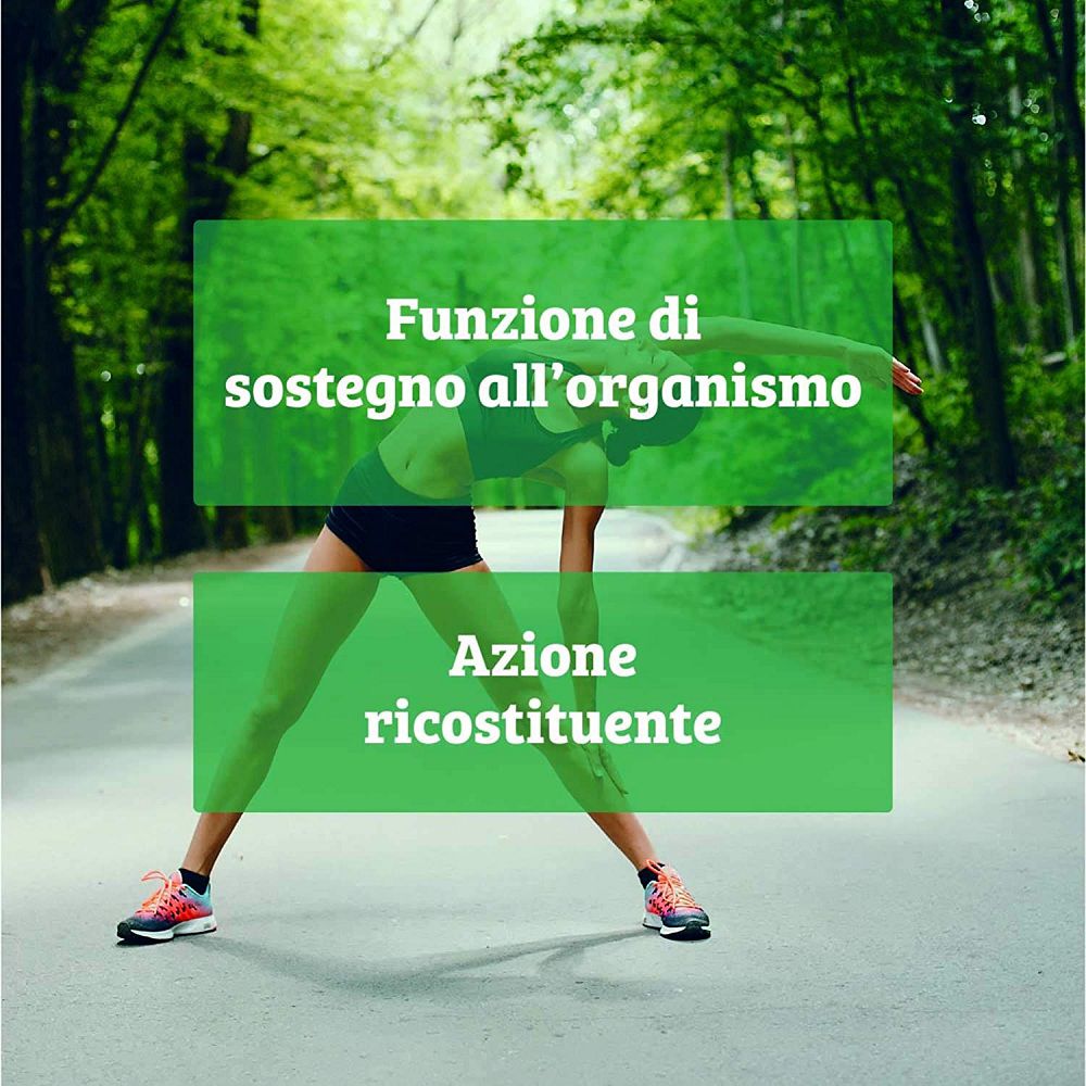 Donna che si allunga all'aperto; testo sull'azione ricostituente e di sostegno.