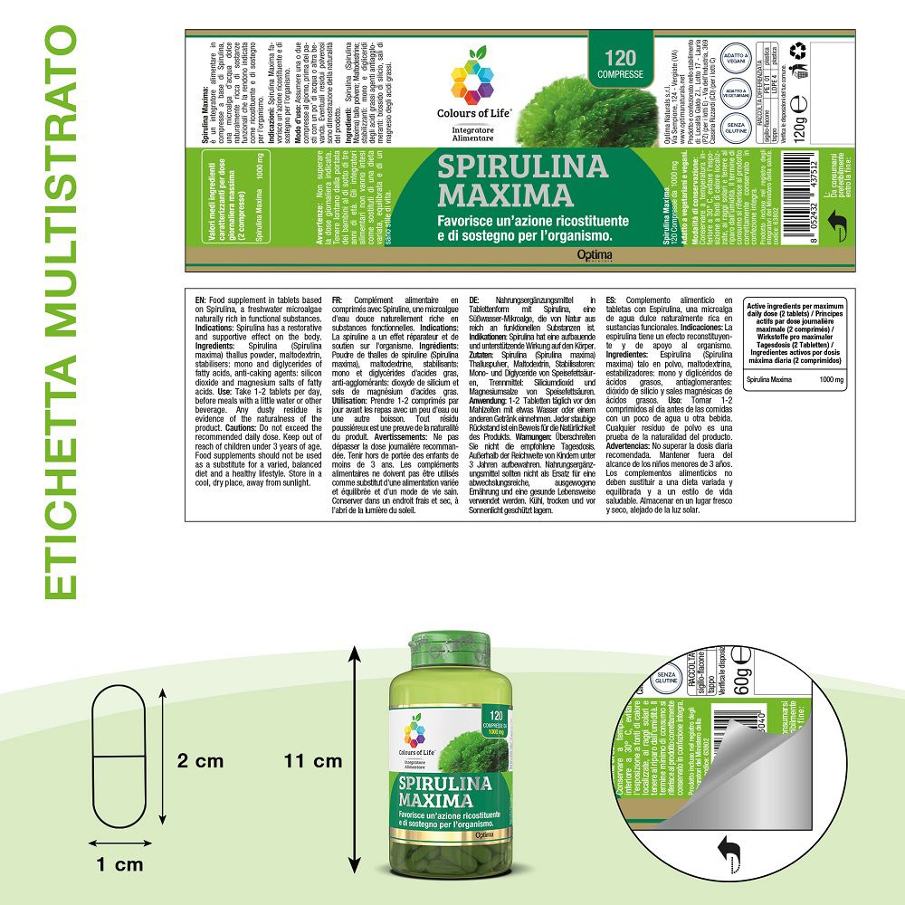 Etichetta e barattolo di Optima Spirulina Maxima, con peso (120g, 120 compresse) e dimensioni (capsula 1cm x 2cm, barattolo 11cm).