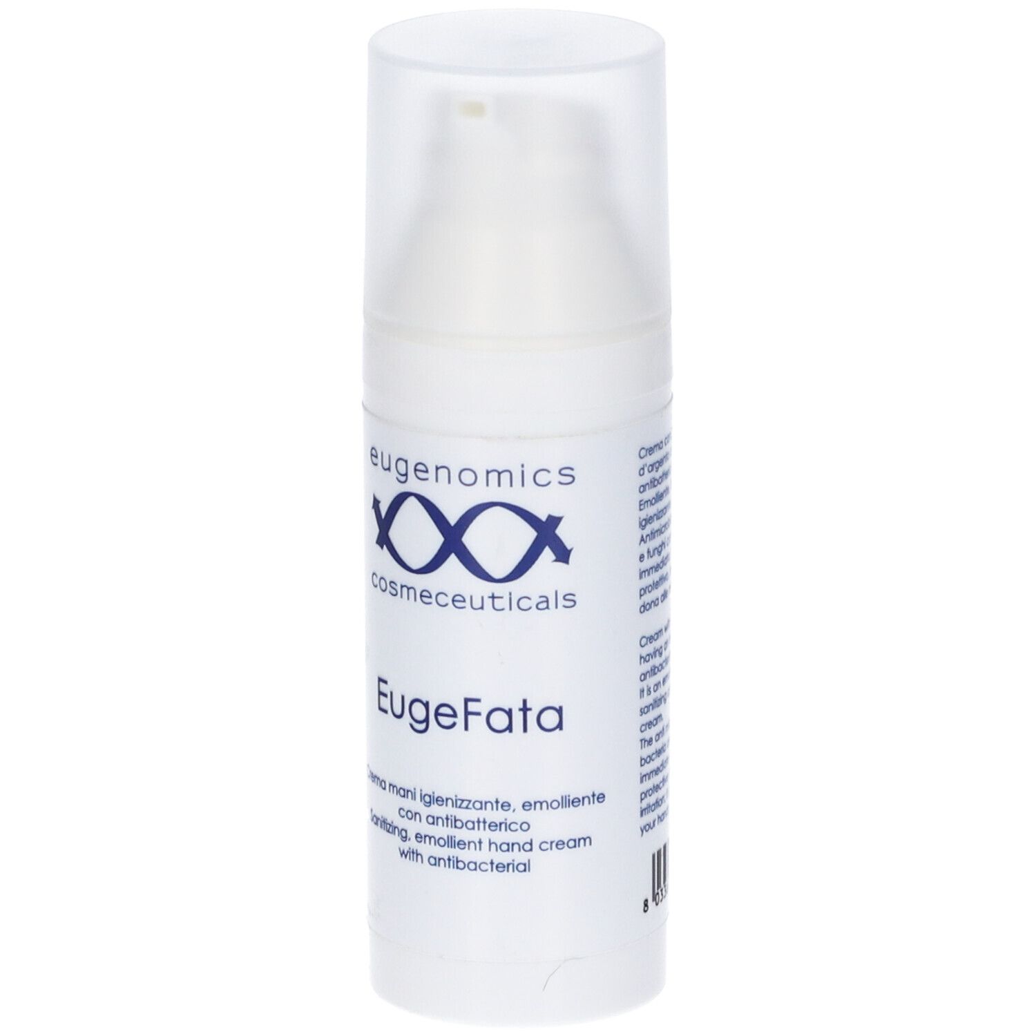 Flacone bianco con dosatore. Scritta: Eugenomics, EugeFata, crema mani.