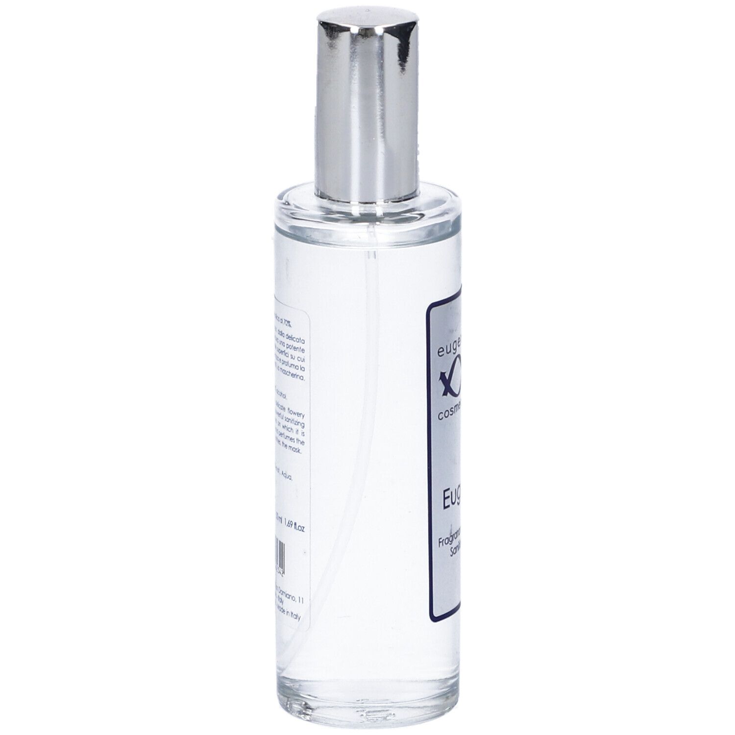 Flacone trasparente con vaporizzatore argento. Vista laterale con etichetta e testo.