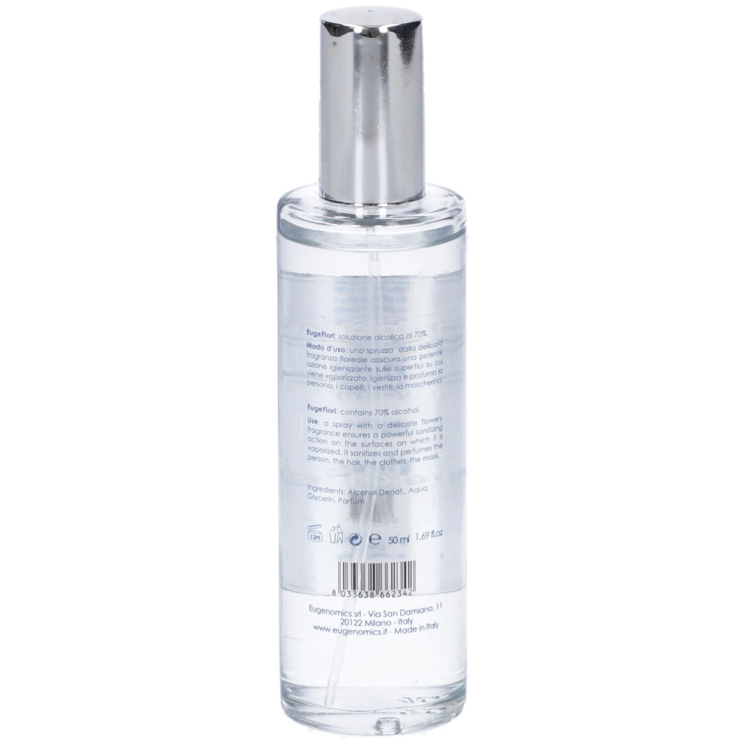 Retro del flacone con testo. Contiene informazioni sugli ingredienti e il produttore.